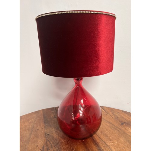 536 - Ruby Red Glass base with velvet shade table lamp  {H 54cm x Dia 30cm }.