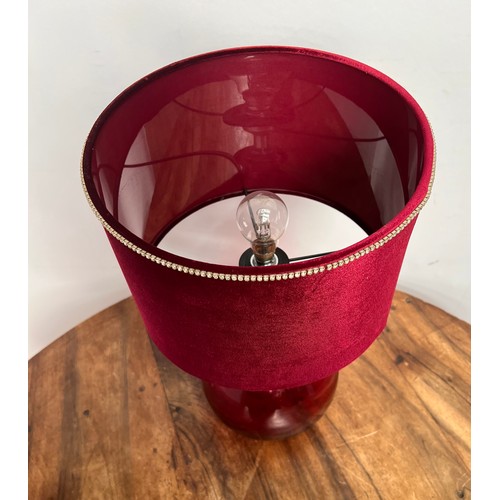 536 - Ruby Red Glass base with velvet shade table lamp  {H 54cm x Dia 30cm }.