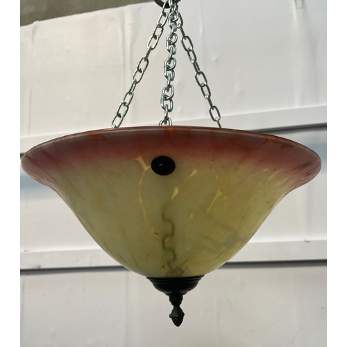 560 - Single hanging uplighter with coloured alabaster shade {H 17cm x Dia 34cm }.