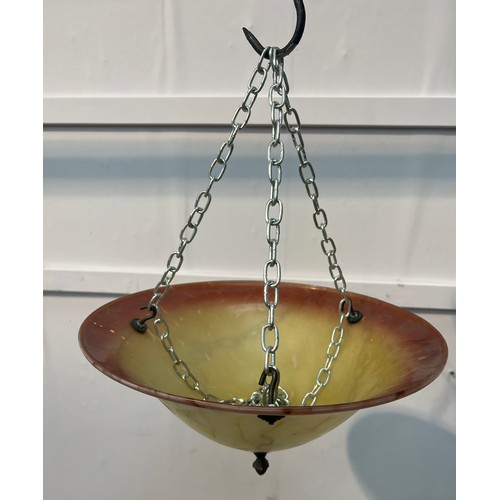 560 - Single hanging uplighter with coloured alabaster shade {H 17cm x Dia 34cm }.