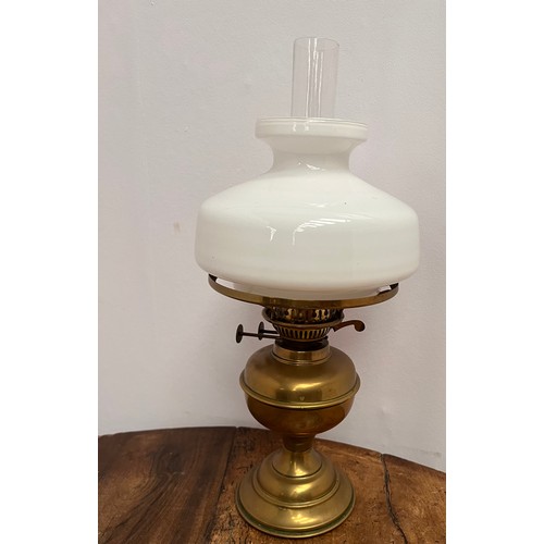 609 - Victorian brass oil lamp with white glass mushroom shade {H 49cm x Dia 20cm }.