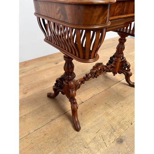 673 - Unusual 19th C. ladies burr walnut sewing table {H 78cm x  W 81cm  x  D 55cm}.