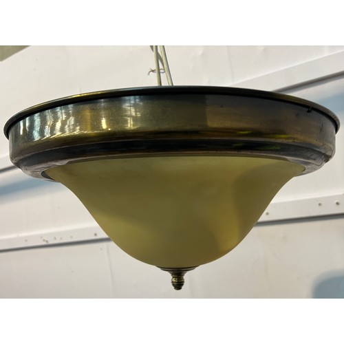 716 - Brass and glass hanging ceiling light with cream shade {H23cm x dia 38cm}.