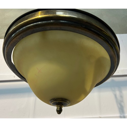 716 - Brass and glass hanging ceiling light with cream shade {H23cm x dia 38cm}.