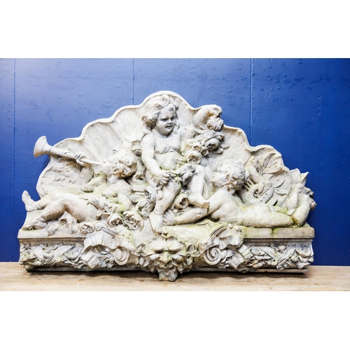 249 - Large ornate wall mounted fibreglass plaque depicting musical cherubs. {H150cm x W 232cm x D 36cm }.