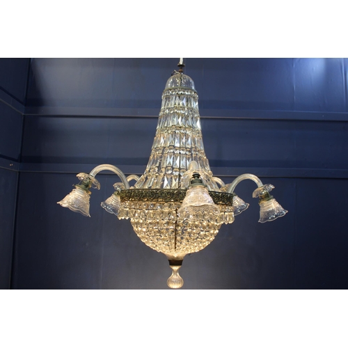 702 - Brass and glass crystal five branch chandelier {H 100cm x Dia 95cm}.