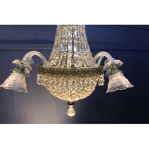 702 - Brass and glass crystal five branch chandelier {H 100cm x Dia 95cm}.