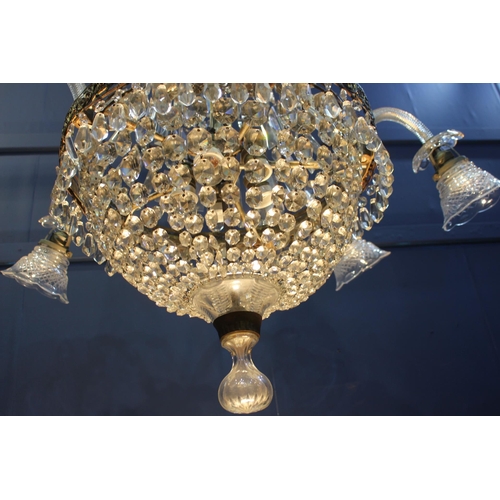 702 - Brass and glass crystal five branch chandelier {H 100cm x Dia 95cm}.