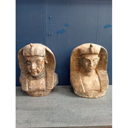 5 - Pair of Wooden hand carved Egyptian pharaoh busts {Each: 40cm H x 30cm W x 22cm D}