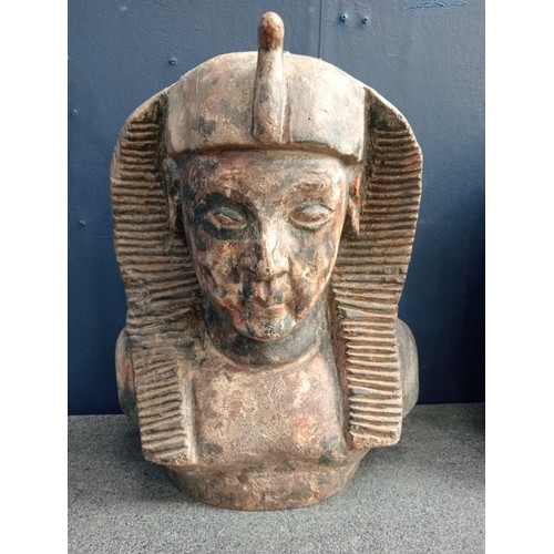 5 - Pair of Wooden hand carved Egyptian pharaoh busts {Each: 40cm H x 30cm W x 22cm D}