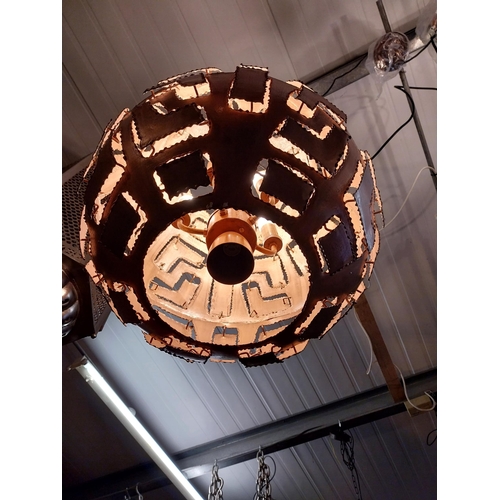 185 - Copper designer circular hanging light in working order {60 cm H x 50 cm W x 50 cm D}. (not availabl... 