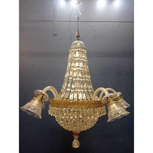 702 - Brass and glass crystal five branch chandelier {H 100cm x Dia 95cm}.