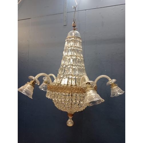 702 - Brass and glass crystal five branch chandelier {H 100cm x Dia 95cm}.