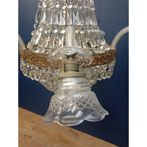 702 - Brass and glass crystal five branch chandelier {H 100cm x Dia 95cm}.