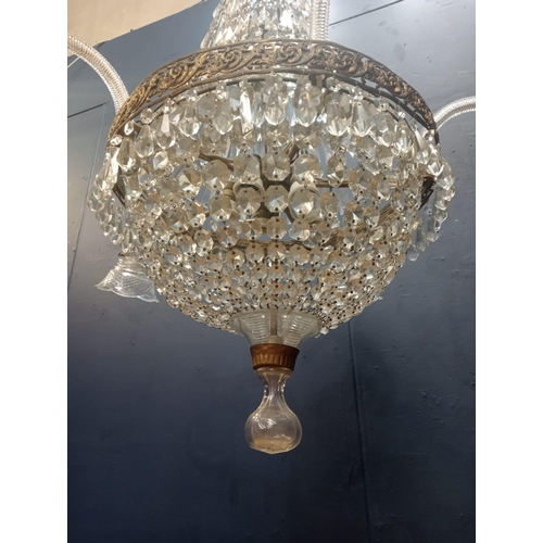 702 - Brass and glass crystal five branch chandelier {H 100cm x Dia 95cm}.