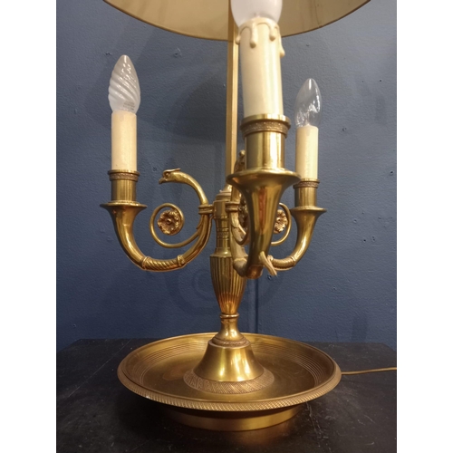 704 - Brass Bouillotte table lamp enamel shade {H 70cm x Dia 42cm}.