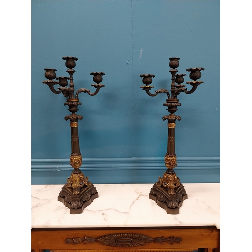 104 - Pair of exceptional quality 20th C. four branch bronze candelabras decorated with shell and ladies m... 