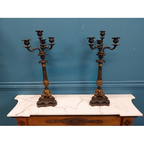 104 - Pair of exceptional quality 20th C. four branch bronze candelabras decorated with shell and ladies m... 