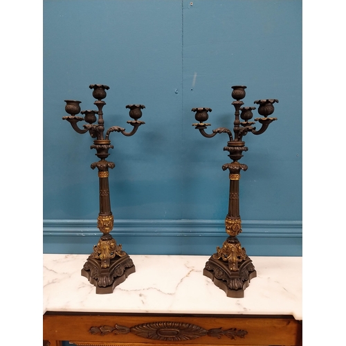 104 - Pair of exceptional quality 20th C. four branch bronze candelabras decorated with shell and ladies m... 