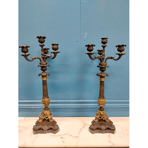 104 - Pair of exceptional quality 20th C. four branch bronze candelabras decorated with shell and ladies m... 