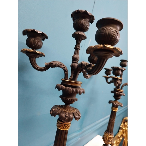 104 - Pair of exceptional quality 20th C. four branch bronze candelabras decorated with shell and ladies m... 