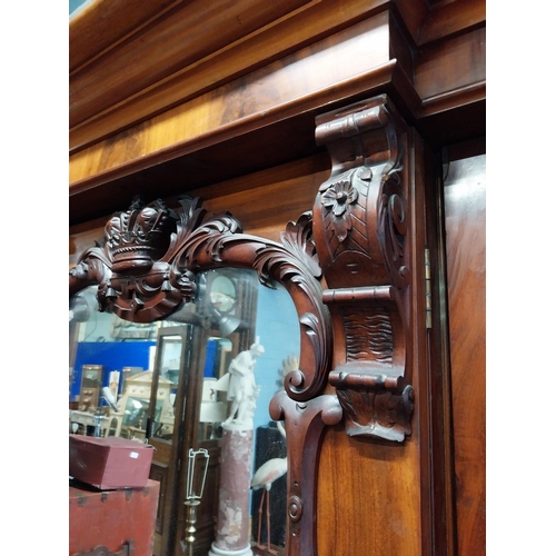 130 - 19th C. Mahogany three door wardrobe decorated with carved Prince of Wales feathers and crowns {201c... 