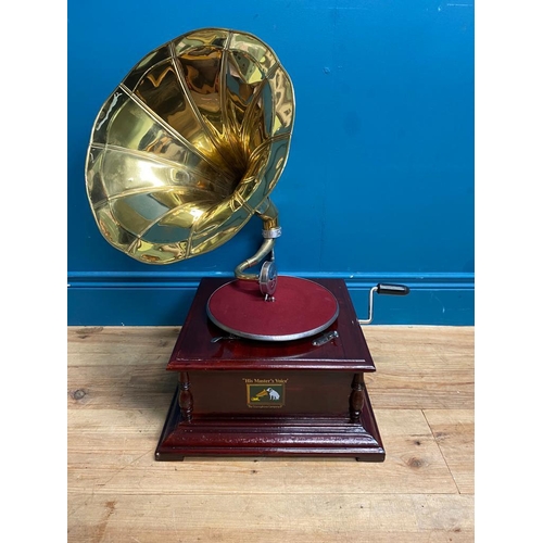 131 - His Master's Voice mahogany and brass gramophone. {70 cm H x 60 cm W x 60 cm D}.