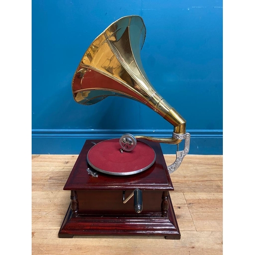 131 - His Master's Voice mahogany and brass gramophone. {70 cm H x 60 cm W x 60 cm D}.