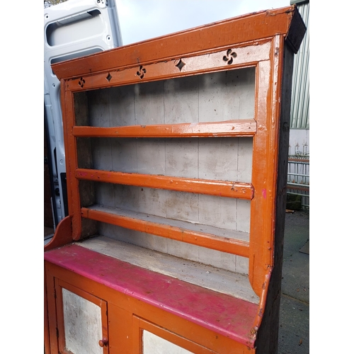 136 - 19th C. West of Ireland painted pine kitchen dresser with open shelf back above two doors on bracket... 