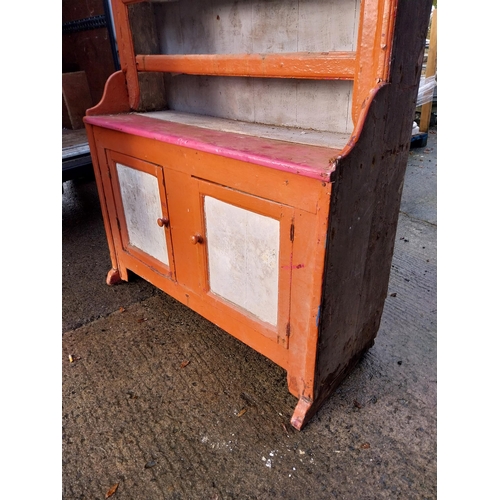 136 - 19th C. West of Ireland painted pine kitchen dresser with open shelf back above two doors on bracket... 