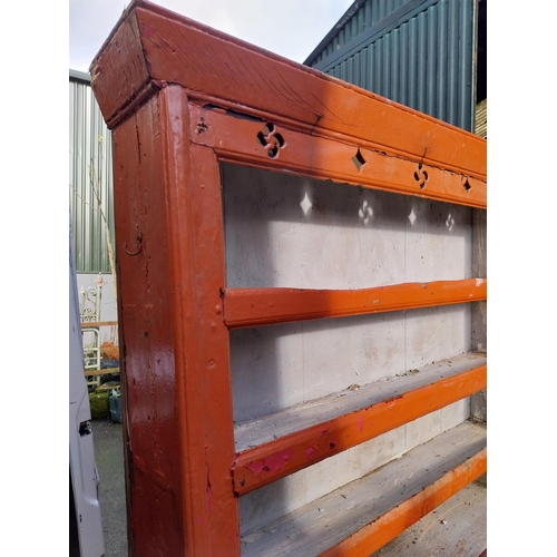 136 - 19th C. West of Ireland painted pine kitchen dresser with open shelf back above two doors on bracket... 