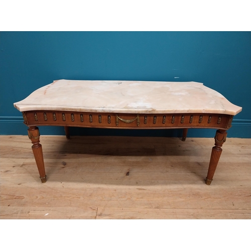 147 - French coffee table with marble top on carved turned legs. {40 cm H x 94 cm W x 56 cm D}.