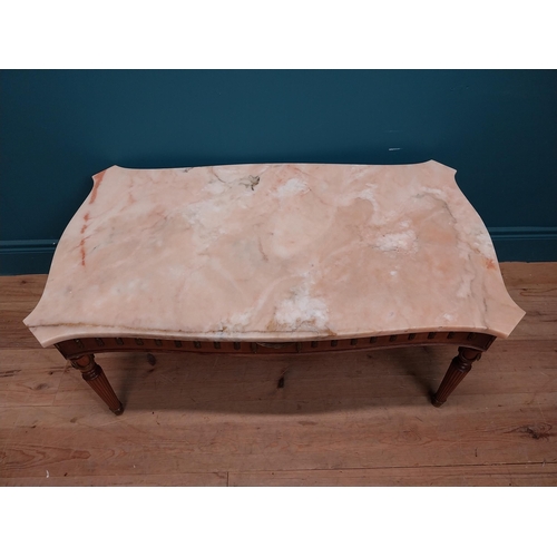 147 - French coffee table with marble top on carved turned legs. {40 cm H x 94 cm W x 56 cm D}.