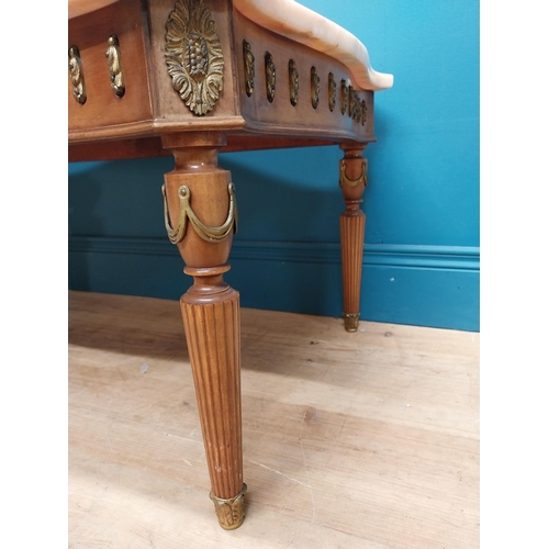 147 - French coffee table with marble top on carved turned legs. {40 cm H x 94 cm W x 56 cm D}.