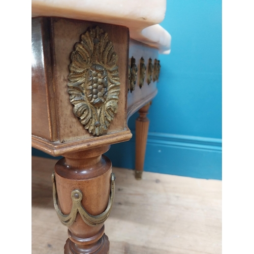 147 - French coffee table with marble top on carved turned legs. {40 cm H x 94 cm W x 56 cm D}.