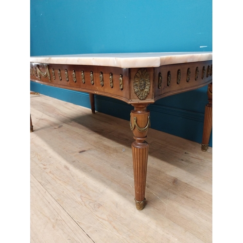 147 - French coffee table with marble top on carved turned legs. {40 cm H x 94 cm W x 56 cm D}.