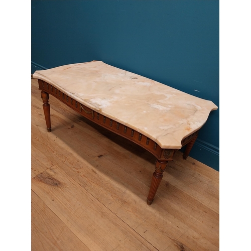 147 - French coffee table with marble top on carved turned legs. {40 cm H x 94 cm W x 56 cm D}.