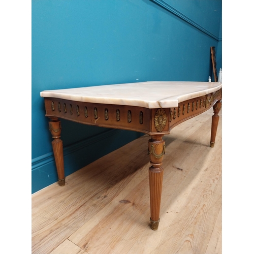 147 - French coffee table with marble top on carved turned legs. {40 cm H x 94 cm W x 56 cm D}.