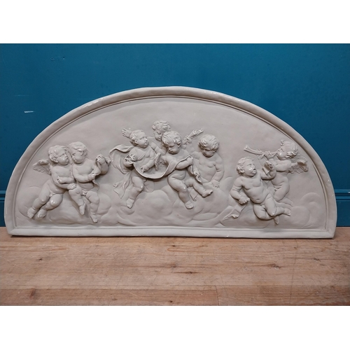 151 - Plaster wall plaque in the Classical style depicting cherubs. {52 cm H x 117 cm W}.