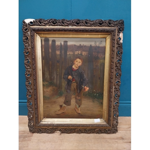 153 - 19th C. oil on canvas mounted in decorative gilt frame. Boy going Fishing. {77 cm H x 64 cm W}.