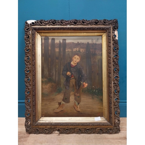 153 - 19th C. oil on canvas mounted in decorative gilt frame. Boy going Fishing. {77 cm H x 64 cm W}.