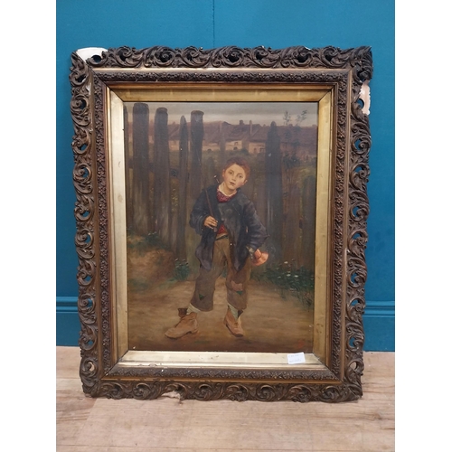 153 - 19th C. oil on canvas mounted in decorative gilt frame. Boy going Fishing. {77 cm H x 64 cm W}.