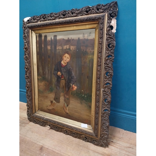 153 - 19th C. oil on canvas mounted in decorative gilt frame. Boy going Fishing. {77 cm H x 64 cm W}.