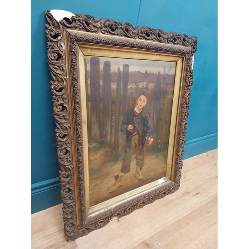 153 - 19th C. oil on canvas mounted in decorative gilt frame. Boy going Fishing. {77 cm H x 64 cm W}.