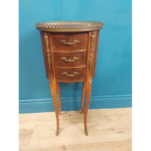 159 - Early 20th C. kingwood bedside cabinet with ormolu mounts above three drawers on shaped legs. {76 cm... 