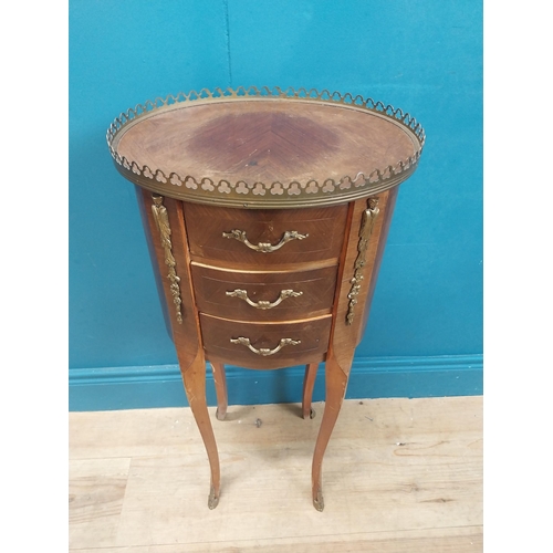 159 - Early 20th C. kingwood bedside cabinet with ormolu mounts above three drawers on shaped legs. {76 cm... 