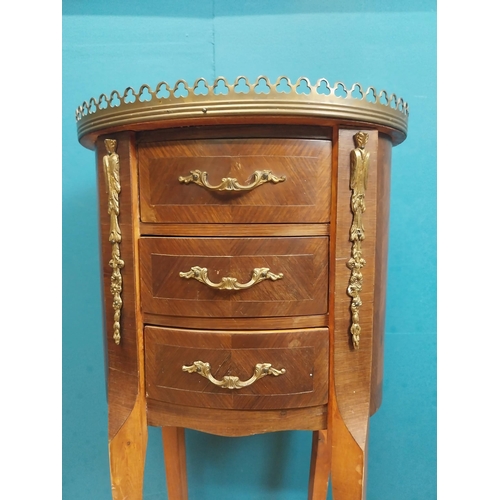 159 - Early 20th C. kingwood bedside cabinet with ormolu mounts above three drawers on shaped legs. {76 cm... 