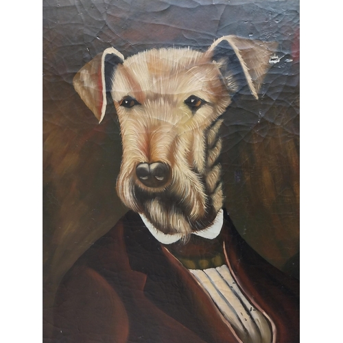 166 - Oleograph on board depicting a Dog. {62 cm H x 51 cm W}.