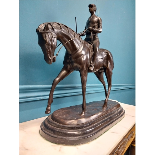 170 - Good quality bronze model of Horse and Jockey on marble base. {40 cm H x 44 cm W x 13 cm D}.