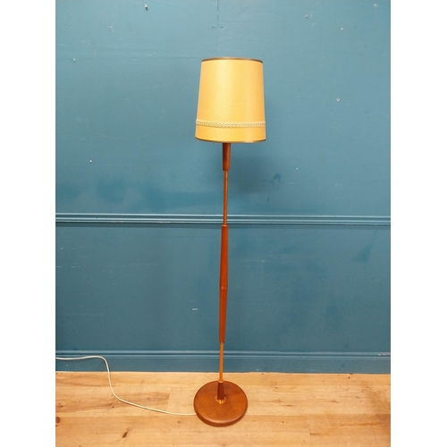 182 - Mid century teak and copper standard lamp with cloth shade. {107 cm H x 30 cm Dia.}.